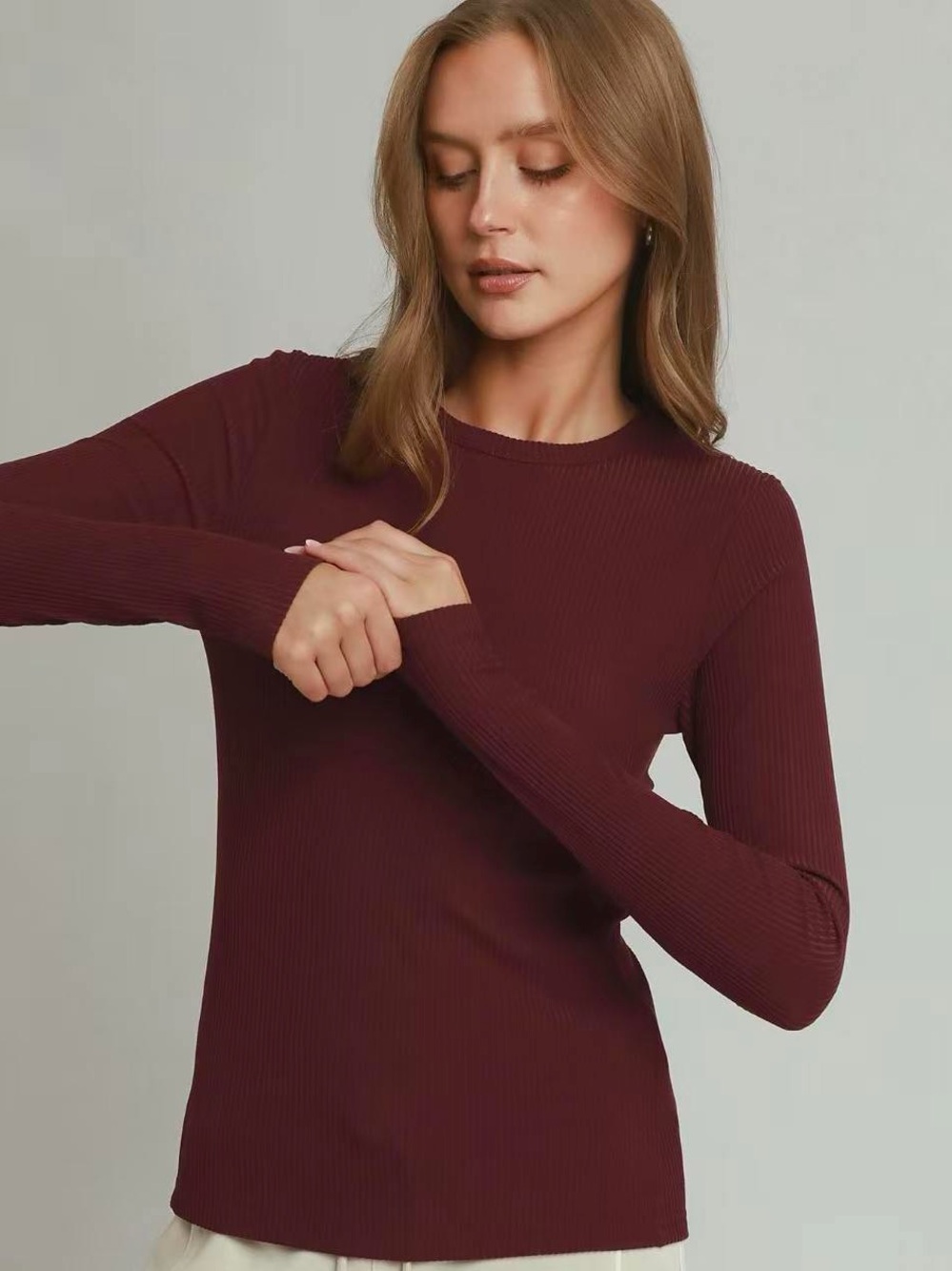 ♥️Hello Gorgeous! Umgee Brushed Rib Long Sleeve Top- Merlot
